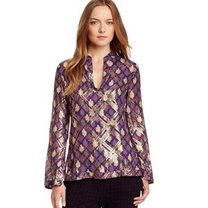 Tory Burch Women's Stephanie Silk Long Sleeve Purple Gold Blouse 8